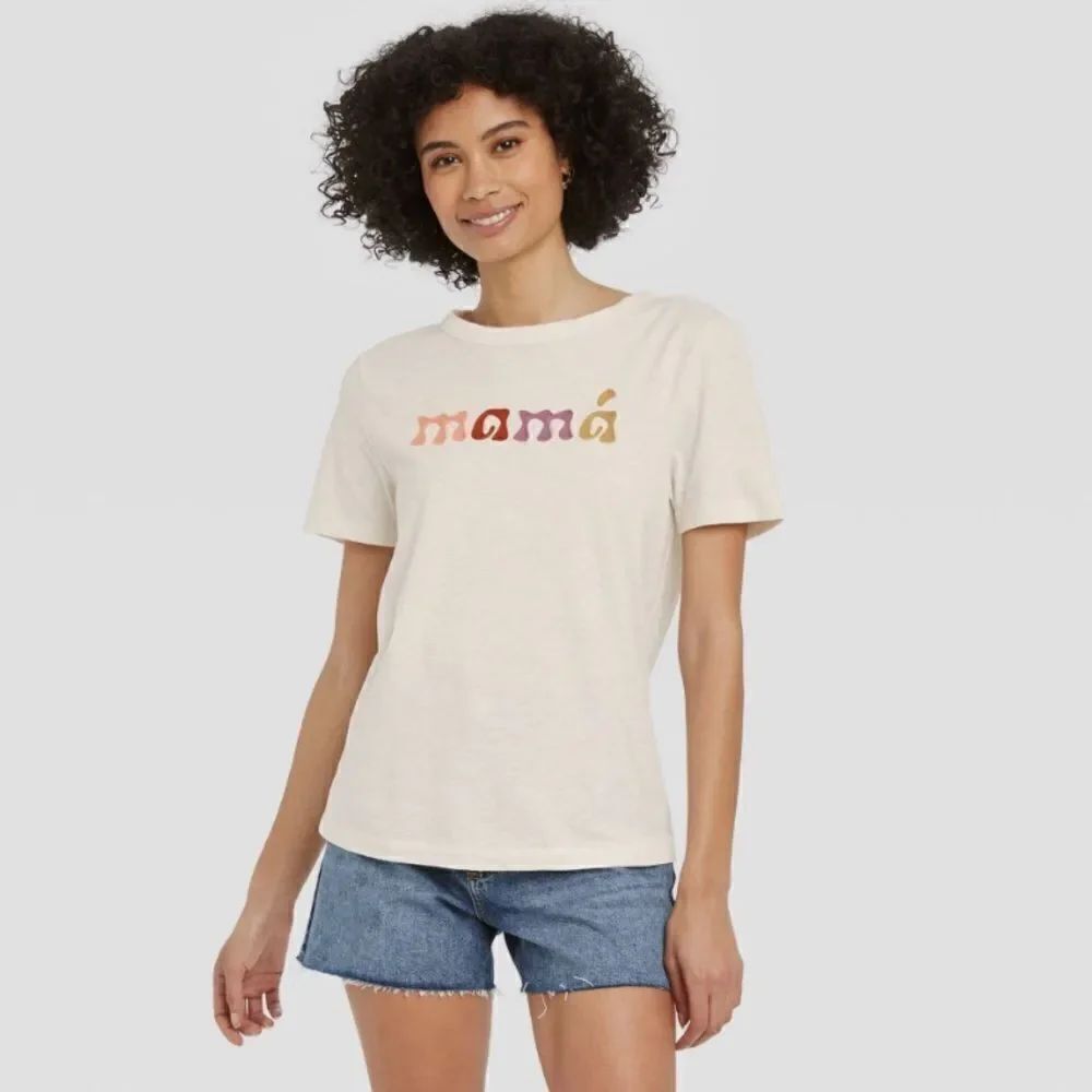 UT 2X Ivory Cream Embroidered mamá 💯Cotton Short Sleeve Crewneck Tee